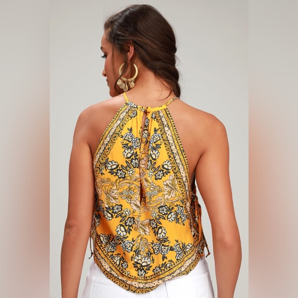 Free People Sofia Floral Print Halter Crop Top - Golden Yellow - XS - Picture 2 of 11